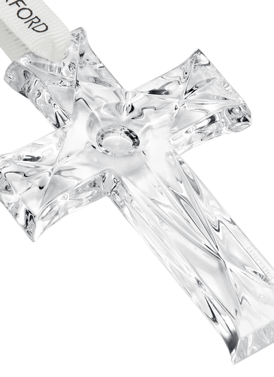 Waterford Crystal Mini Cross Ornament made from clear cut crystal, with a white satin ribbon and dated metal tag, perfect for Christmas tree decoration or gifting